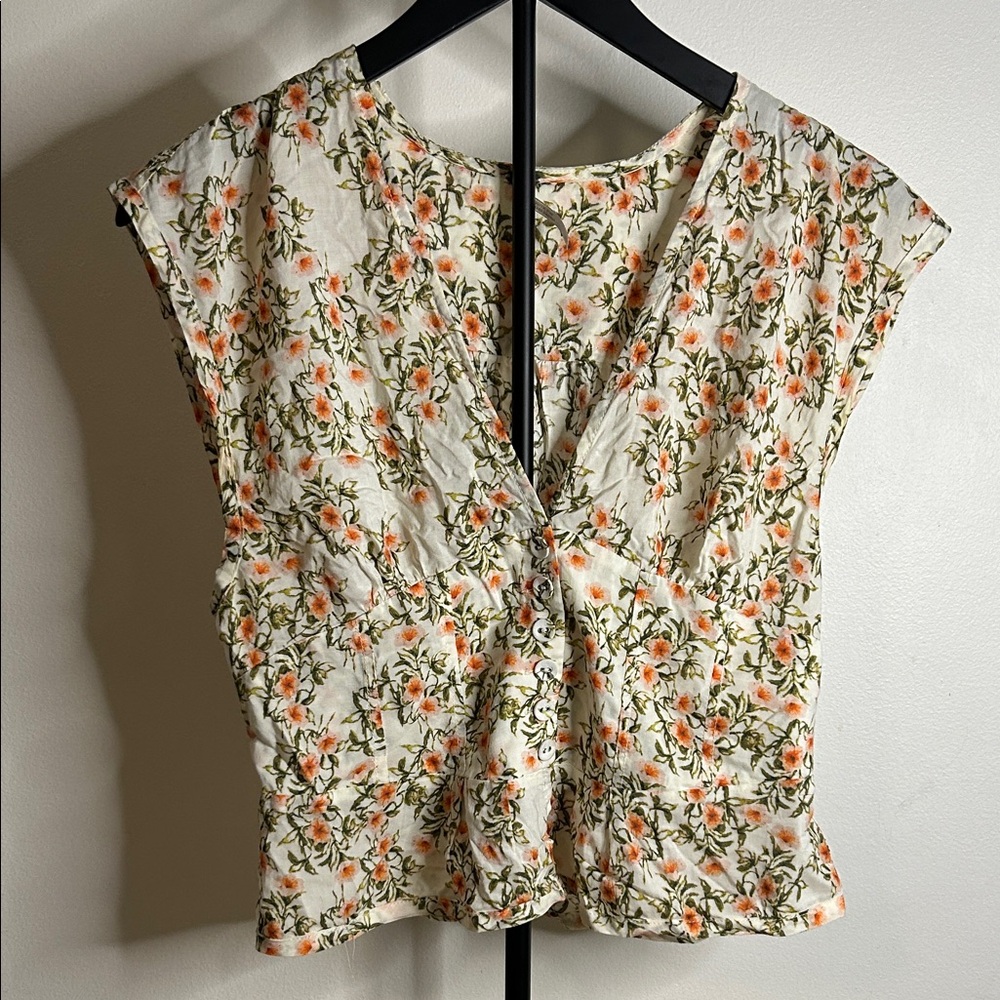 Free People Floral Blouse with Orange and Green Hues